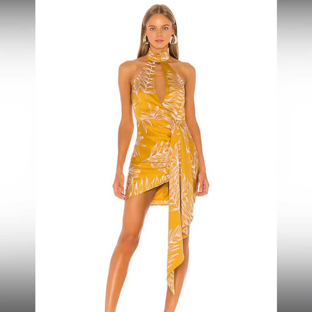 Revolve Camila Coelho Antonia Mini Dress in Gold Tropical